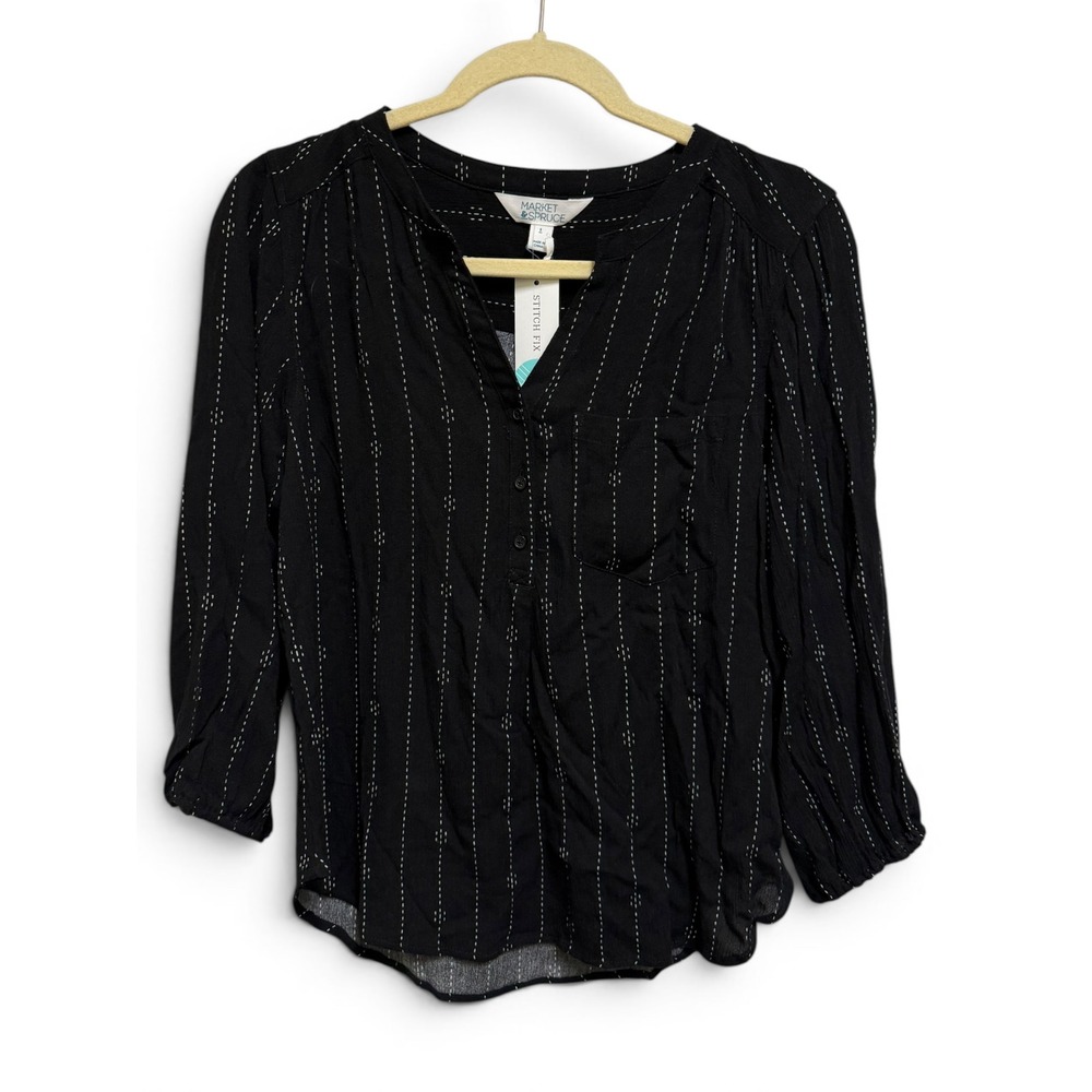 Market & Spruce Prat Henley 3/4 Sleeve‎ Blouse Black Dash Stripe Small NEW
